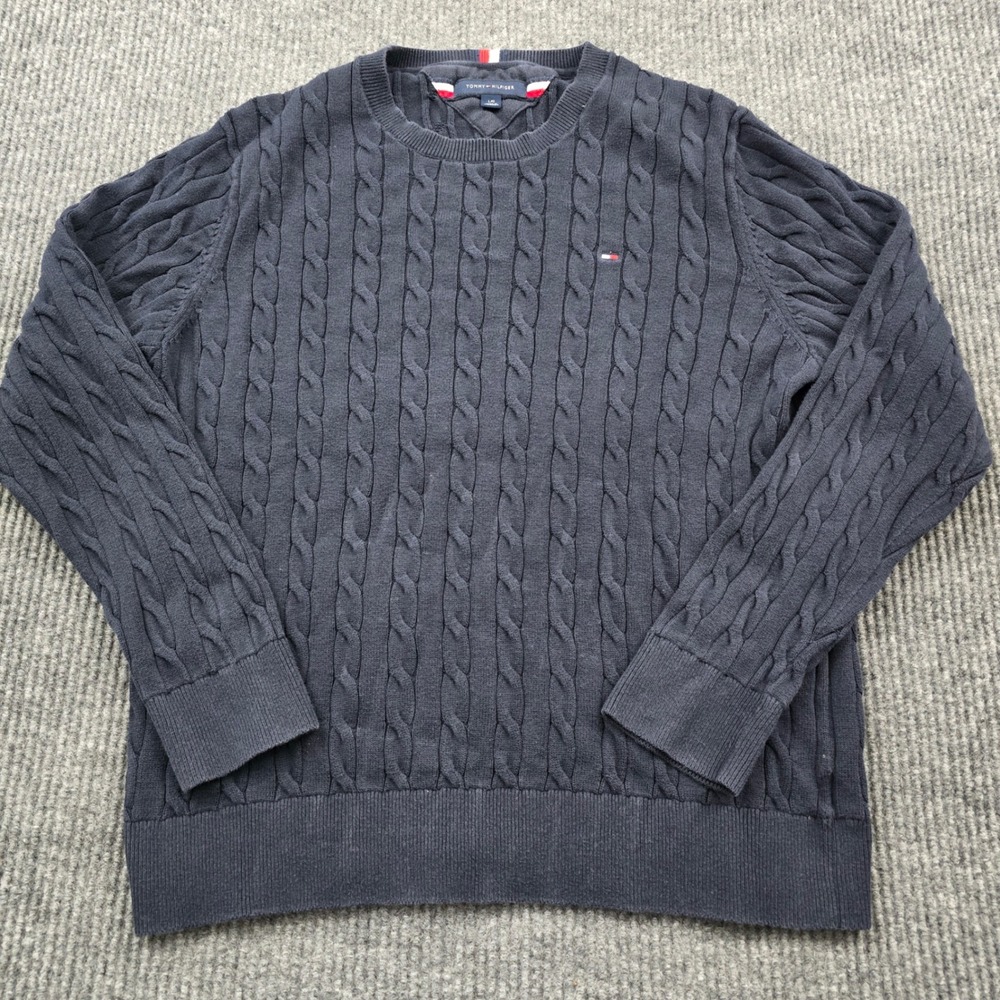 Tommy Hilfiger Sweater Mens L Navy Cable Knit Cotton Preppy Old Money Crewneck